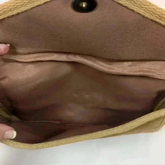 VELOUR CLUTCH HANDBAG TAN GOLD CHAIN PURSE - Picture 6 of 7